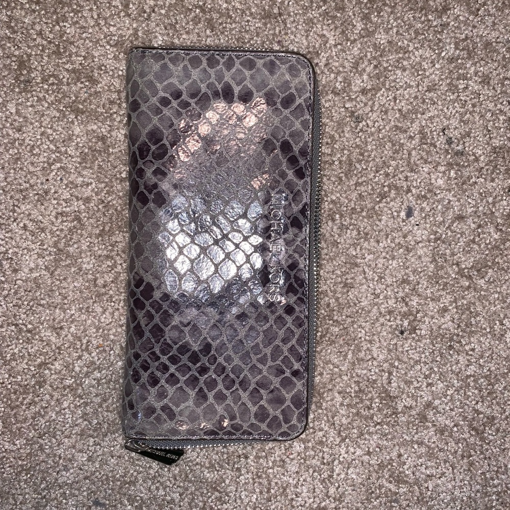 Michael Kors Metallic Snake-Embossed Zip Wallet in Gray